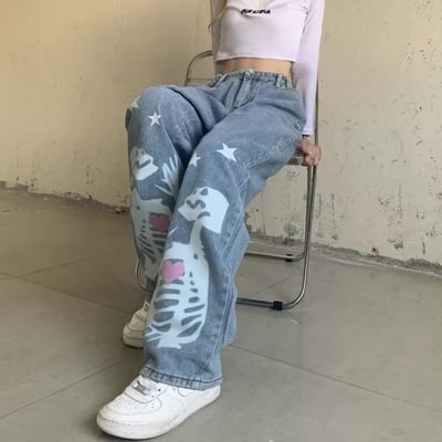 Blue skull print denim straight leg jeans  - Thumbnail 3