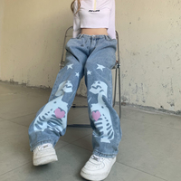 Blue Skull Print Denim Straight Leg Jeans  - Thumbnail 5