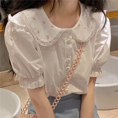 White Preppy Flower Embroidery Short Sleeve Blouse 