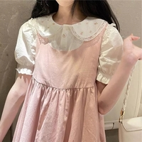 White Preppy Flower Embroidery Short Sleeve Blouse  - Thumbnail 1