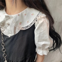 White Preppy Flower Embroidery Short Sleeve Blouse  - Thumbnail 2
