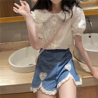 White Preppy Flower Embroidery Short Sleeve Blouse  - Thumbnail 4