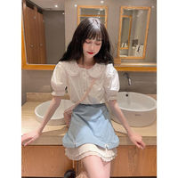 White Preppy Flower Embroidery Short Sleeve Blouse  - Thumbnail 6