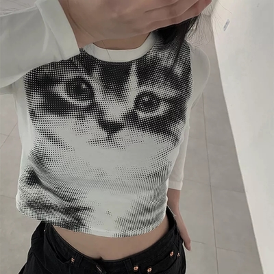 Indie Cat Print Long Sleeve T-shirt 
