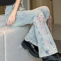 Pink Lace Up Bow Flare High Waist Jeans - Thumbnail 2