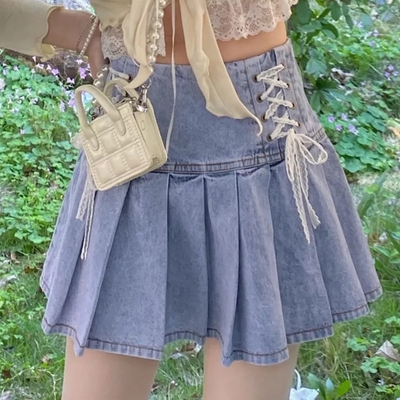 Lace bandage high waist denim skirt