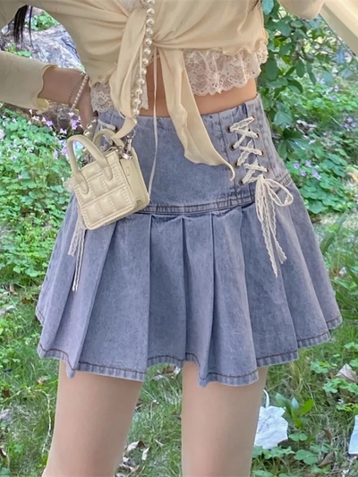 Lace Bandage High Waist Denim Skirt