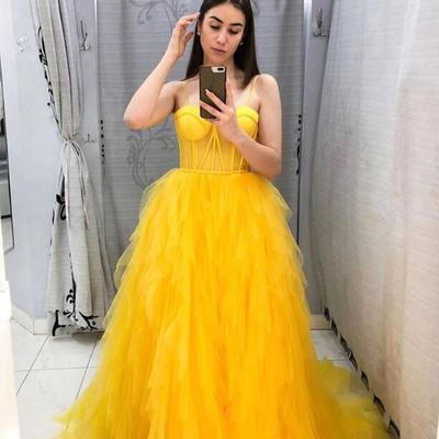 Beautiful straps yellow tulle long prom dresses - Thumbnail 2