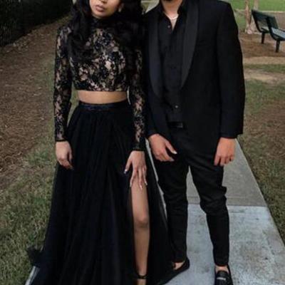 Two piece long sleeves black lace prom dresses - Thumbnail 4