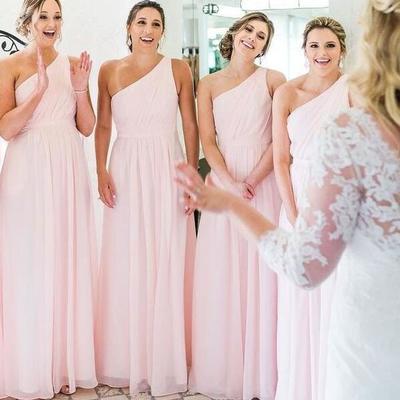 Simple one shoulder long pink bridesmaid dresses
