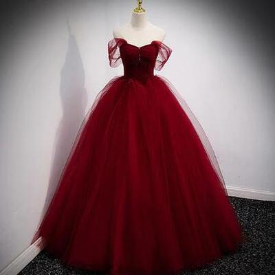 Princess ball gown burgundy tulle prom dresses - Thumbnail 3