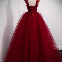 Princess Ball Gown Burgundy Tulle Prom Dresses - Thumbnail 2