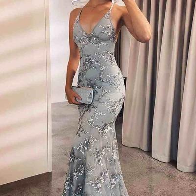 Mermaid a line silver long open back prom dress 