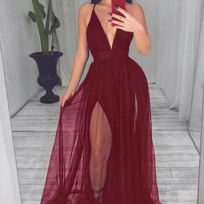 Sexy a line v neck split evening dress 