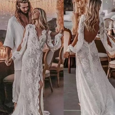 V neck boho wedding dresses bridal gown with sleeves lace - Thumbnail 1