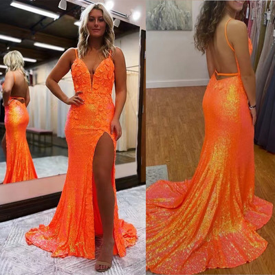 Slit Side Orange Prom Dresses with Flowers Sequins