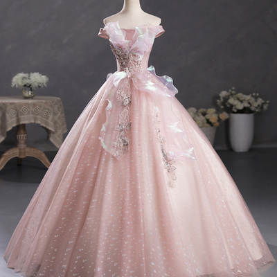 Pink tulle lace long prom gown, cute off shoulder evening dress - Thumbnail 3