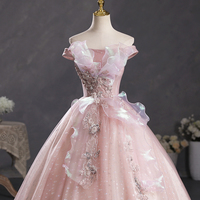 Pink Tulle Lace Long Prom Gown, Cute Off Shoulder Evening Dress - Thumbnail 1