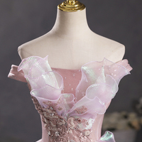 Pink Tulle Lace Long Prom Gown, Cute Off Shoulder Evening Dress - Thumbnail 3