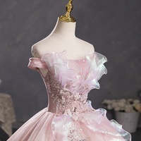 Pink Tulle Lace Long Prom Gown, Cute Off Shoulder Evening Dress - Thumbnail 2