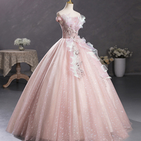 Pink Tulle Lace Long Prom Gown, Cute Off Shoulder Evening Dress - Thumbnail 4