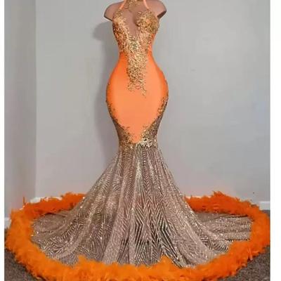  orange mermaid prom dresses 2023 satin beading sequined high neck feathers luxury skirt evening party formal gowns for women