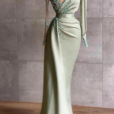 Elegant prom dresses modest long sleeves sheer neck appliques beads floor length evening occasion wears vestidos de fiest