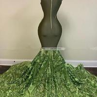 Sparkly Sequins Olive Green Mermaid African Prom Dresses Black Girls Jewel Neck Illusion Long Graduation Dress Plus Size Formal Sequined Evening Gowns - Thumbnail 1