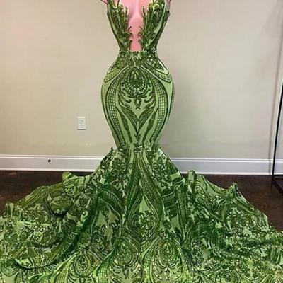 Sparkly sequins olive green mermaid african prom dresses black girls jewel neck illusion long graduation dress plus size formal sequined evening gowns