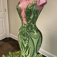 Sparkly Sequins Olive Green Mermaid African Prom Dresses Black Girls Jewel Neck Illusion Long Graduation Dress Plus Size Formal Sequined Evening Gowns - Thumbnail 2