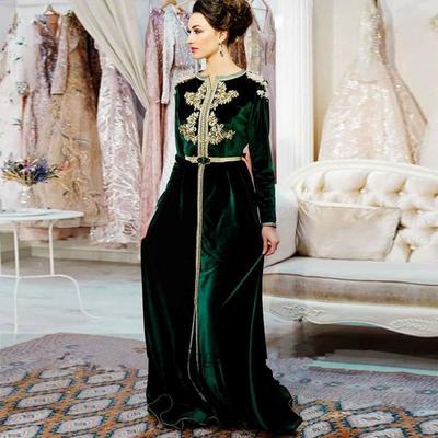 Muslim evening dresses moroccan kaftan long sleeve velvet prom dresses arabic dubai lace appliques robe de soiree