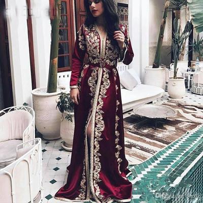 Burgundy moroccan kaftan evening dresses long sleeves lace appliques velvet muslim arabic muslim special occasion prom gowns