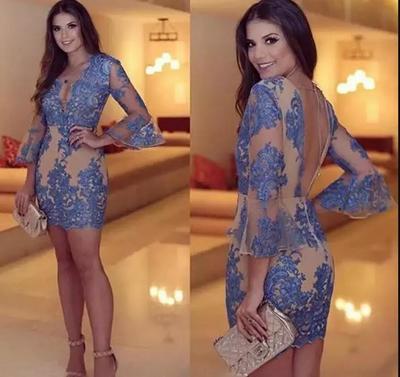 Sexy Blue Cocktail Dresses Backless Long Sleeve V Neck Lace Prom Dress See Through Sexy Mini Evening Gowns