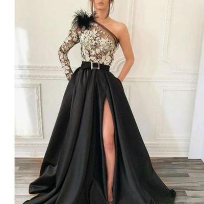 Modern one shoulder black satin a line evening gown long sleeve appliques front split long prom dresses for special occasion wear