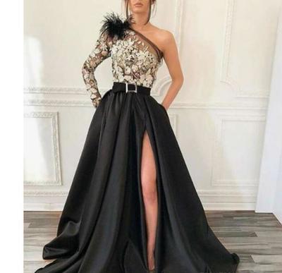 Modern One Shoulder Black Satin A Line Evening Gown Long Sleeve Appliques Front Split Long Prom Dresses For Special Occasion Wear