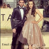Rose Gold High Low Prom Dresses Full Sequined Arabic High Neck Formal Holidays Wear Graduation Homecoming Evening Party Gowns - Thumbnail 1