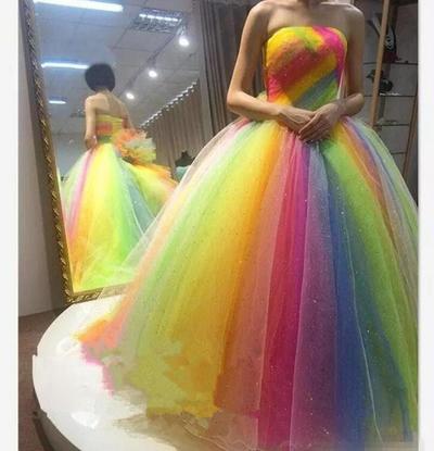 Colorful Rainbow Prom Dresses Beaded Strapless Neck Tulle Long Evening Dresses Cheap Formal Party Bridesmaid Pageant Gowns