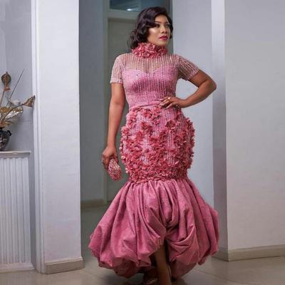 Stunning water melon mermaid prom dresses 3d floral appliqued beaded evening gowns high neck plus size formal party dress