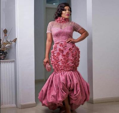 Stunning Water Melon Mermaid Prom Dresses 3D Floral Appliqued Beaded Evening Gowns High Neck Plus Size Formal Party Dress