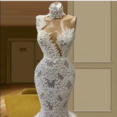 Arabic Pearls Mermaid Prom Dresses Luxury High Neck Lace Appliqued Crystal Women Formal Plus Size Evening Gowns
