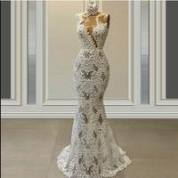 Arabic Pearls Mermaid Prom Dresses Luxury High Neck Lace Appliqued Crystal Women Formal Plus Size Evening Gowns - Thumbnail 1