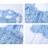 European Flower Girl Women Floral Pattern Lace Blue Soft Corset Strap Bow Top Shirt - Thumbnail 5