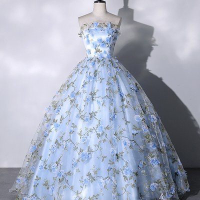 Lovely blue 3d flower long formal dress, blue strapless prom dress - Thumbnail 3