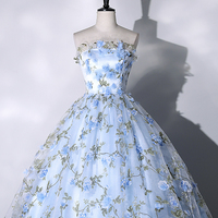 Lovely Blue 3D Flower Long Formal Dress, Blue Strapless Prom Dress - Thumbnail 1
