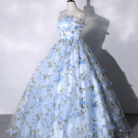 Lovely Blue 3D Flower Long Formal Dress, Blue Strapless Prom Dress - Thumbnail 3