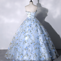 Lovely Blue 3D Flower Long Formal Dress, Blue Strapless Prom Dress - Thumbnail 2