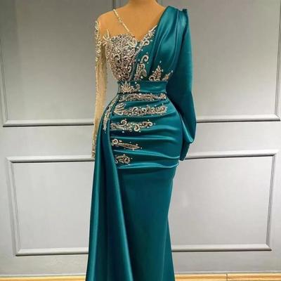 Luxury Long Sleeve Prom Evening Dresses Formal Occasion Wear Gold Appliques Beads Hunter Sheer Neck Arabic Robe de soriee