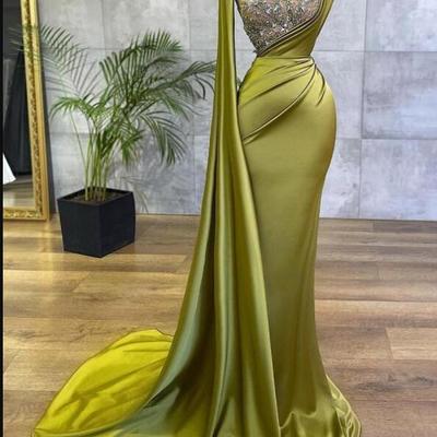 Arabic lemon green satin mermaid evening prom dresses sheer mesh top sequin beads ruched formal occasion wear gold 
