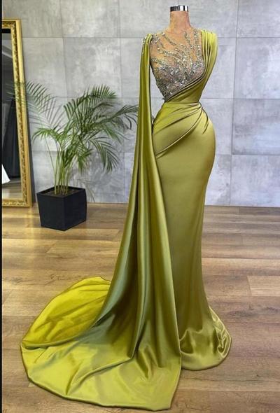 Arabic Lemon Green Satin Mermaid Evening Prom Dresses Sheer Mesh Top Sequin Beads Ruched Formal Occasion Wear Gold 