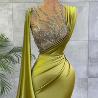 Arabic Lemon Green Satin Mermaid Evening Prom Dresses Sheer Mesh Top Sequin Beads Ruched Formal Occasion Wear Gold  - Thumbnail 1